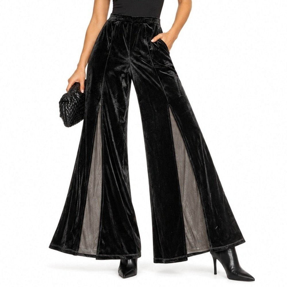 JR Nites Pants Women Large Black Velvet Wide Leg Mesh Slit Evening Formal Luxury